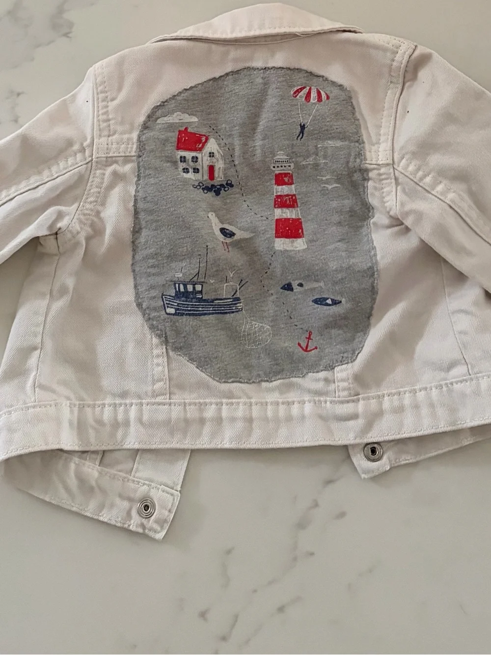 Girls' White Nautical Patch Denim Jacket with Lighthouse Print